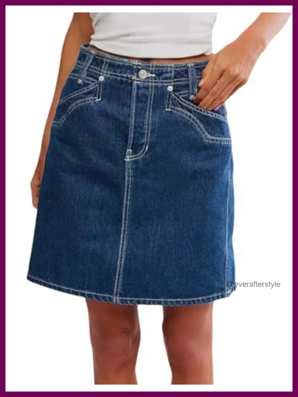 High Waisted Stretch Denim Jean Skirt A-Line Knee Length Pockets